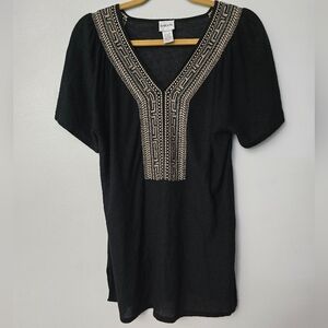 Chico's 2 Black Embroidered VNeck Short Sleeve Linen Blend Tunic Top Large